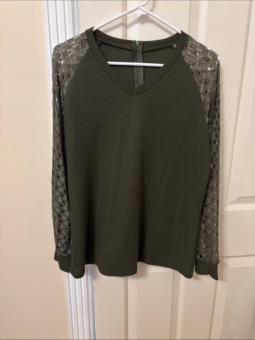 Olive Green V-Neck Long Sleeve Top with Lace Sleeves